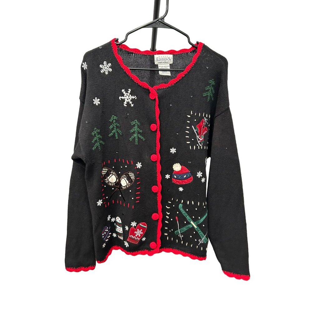 Vintage Basic Editions Holiday Sweater Black Red Trim Sz M Winter Design